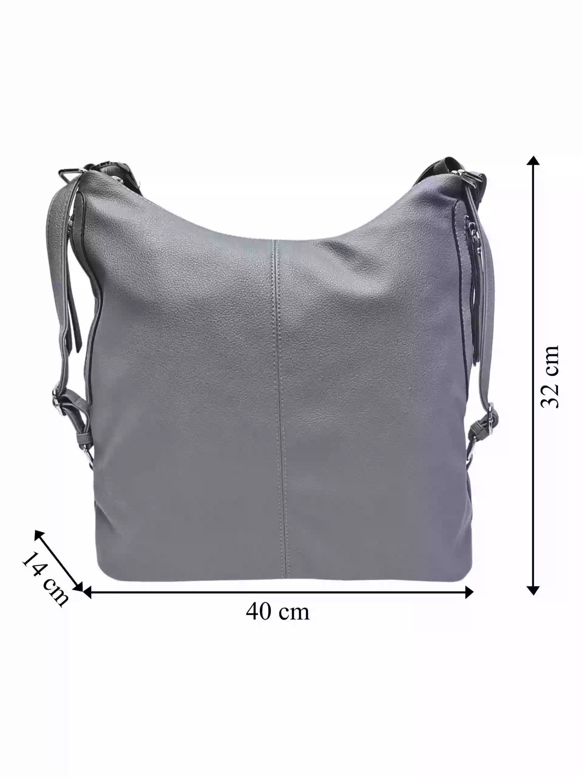 Velký středně šedý kabelko-batoh s bočními kapsami, Tapple, 9314-3, přední strana kabelko-batohu s rozměry