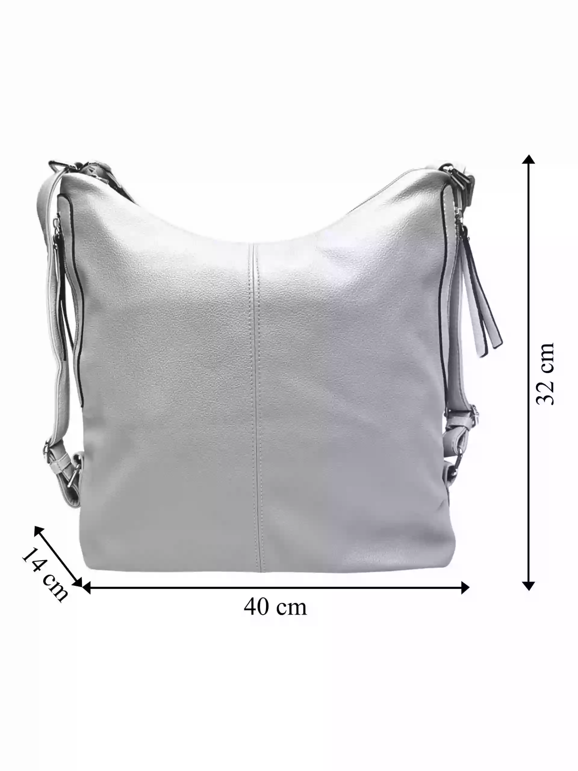 Velký světle šedý kabelko-batoh s bočními kapsami, Tapple, 9314-3, přední strana kabelko-batohu s rozměry