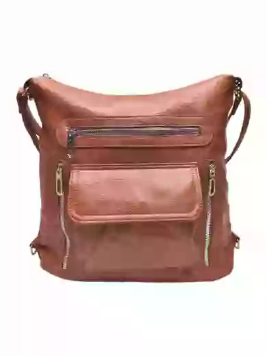 Praktický středně hnědý kabelko-batoh 2v1 s kapsami, Tapple, H23105, přední strana kabelko-batohu 2v1