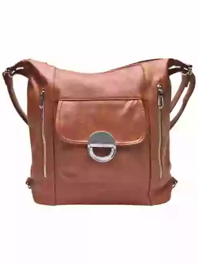 Velký středně hnědý kabelko-batoh 2v1 s kapsami, Tapple, H23029, přední strana kabelko-batohu 2v1
