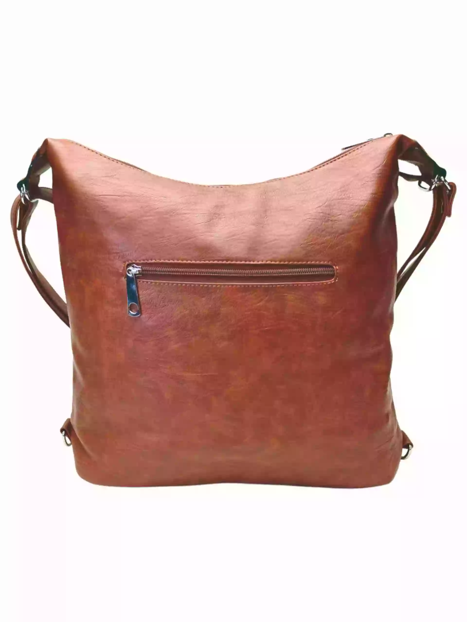 Velký středně hnědý kabelko-batoh 2v1 s kapsami, Tapple, H23029, zadní strana kabelko-batohu 2v1
