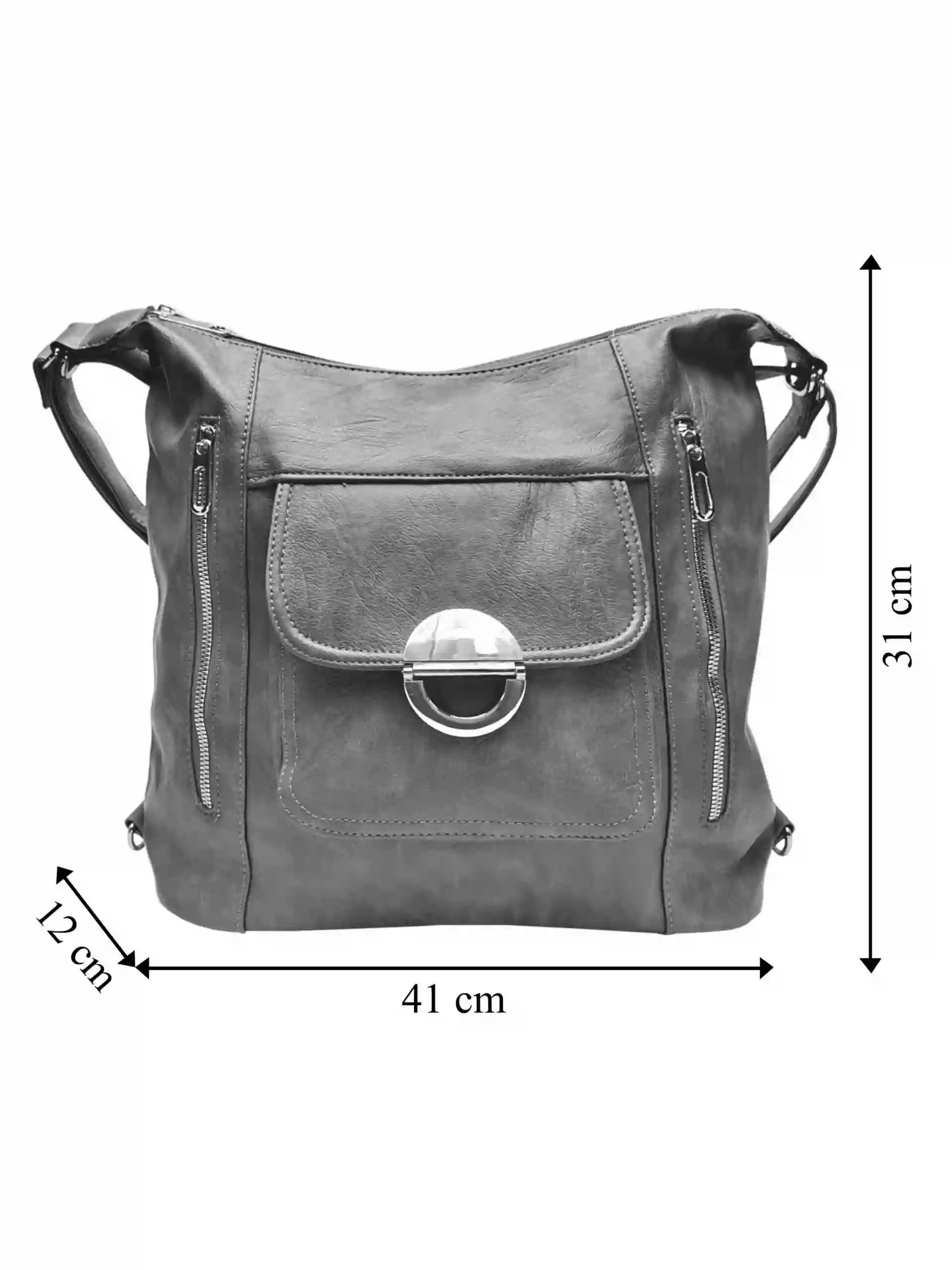 Velký středně šedý kabelko-batoh 2v1 s kapsami, Tapple, H23029, přední strana kabelko-batohu 2v1 s rozměry