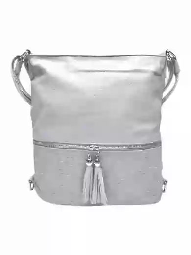 Střední světle šedý kabelko-batoh 2v1 se slušivými třásněmi, Bella Belly, 5394, přední strana kabelko-batohu 2v1