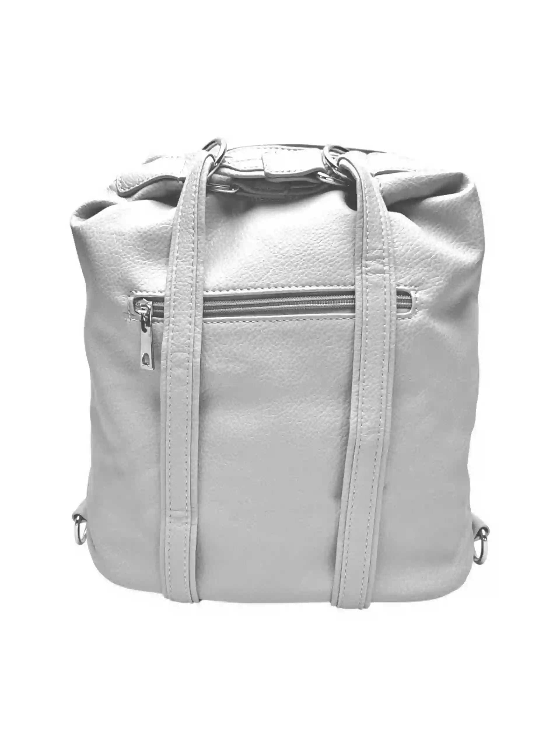 Střední světle šedý kabelko-batoh 2v1 s třásněmi, Bella Belly, 5394, zadní strana kabelko-batohu 2v1 s popruhy