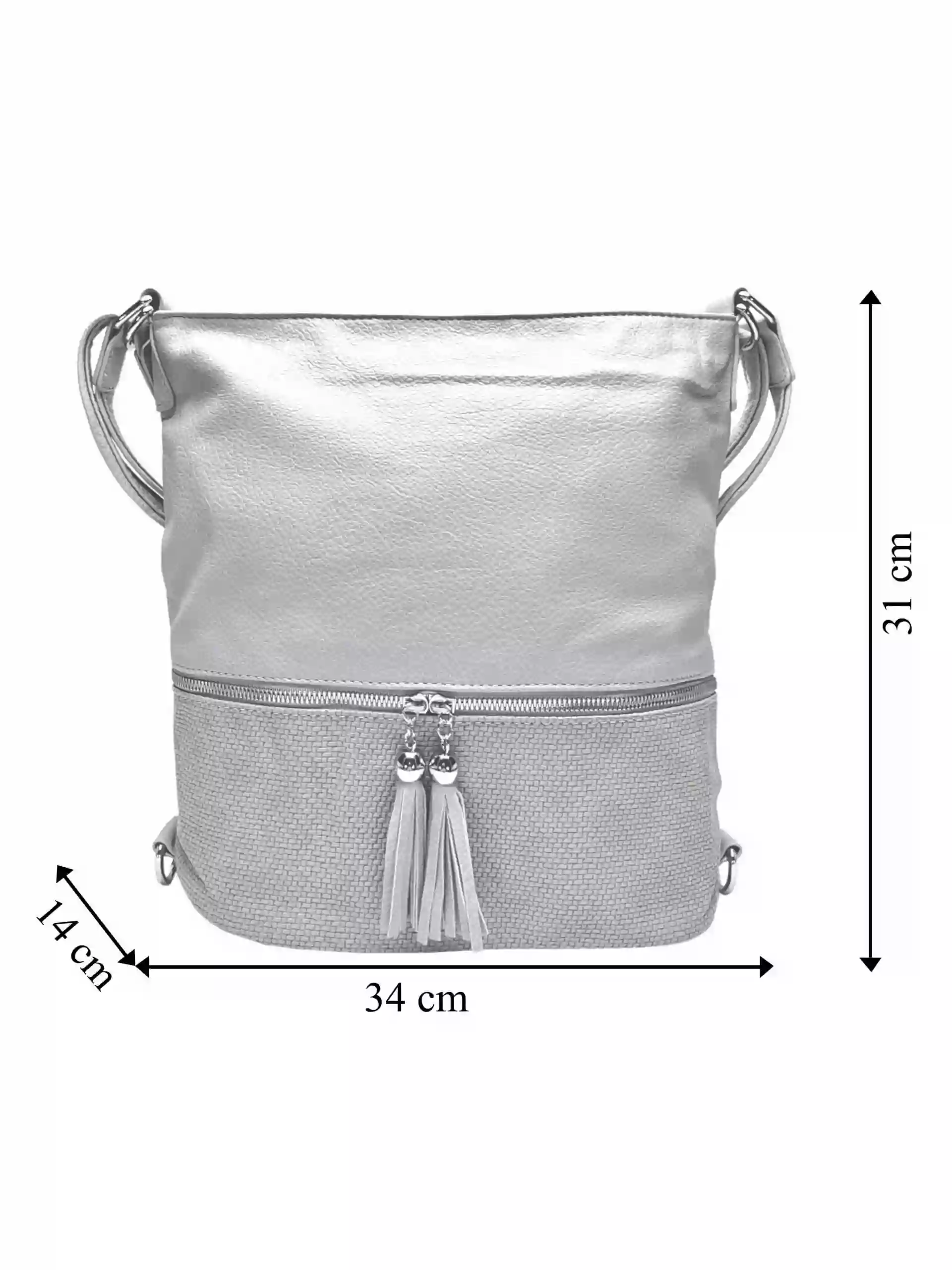 Střední světle šedý kabelko-batoh 2v1 s třásněmi, Bella Belly, 5394, přední strana kabelko-batohu 2v1 s rozměry