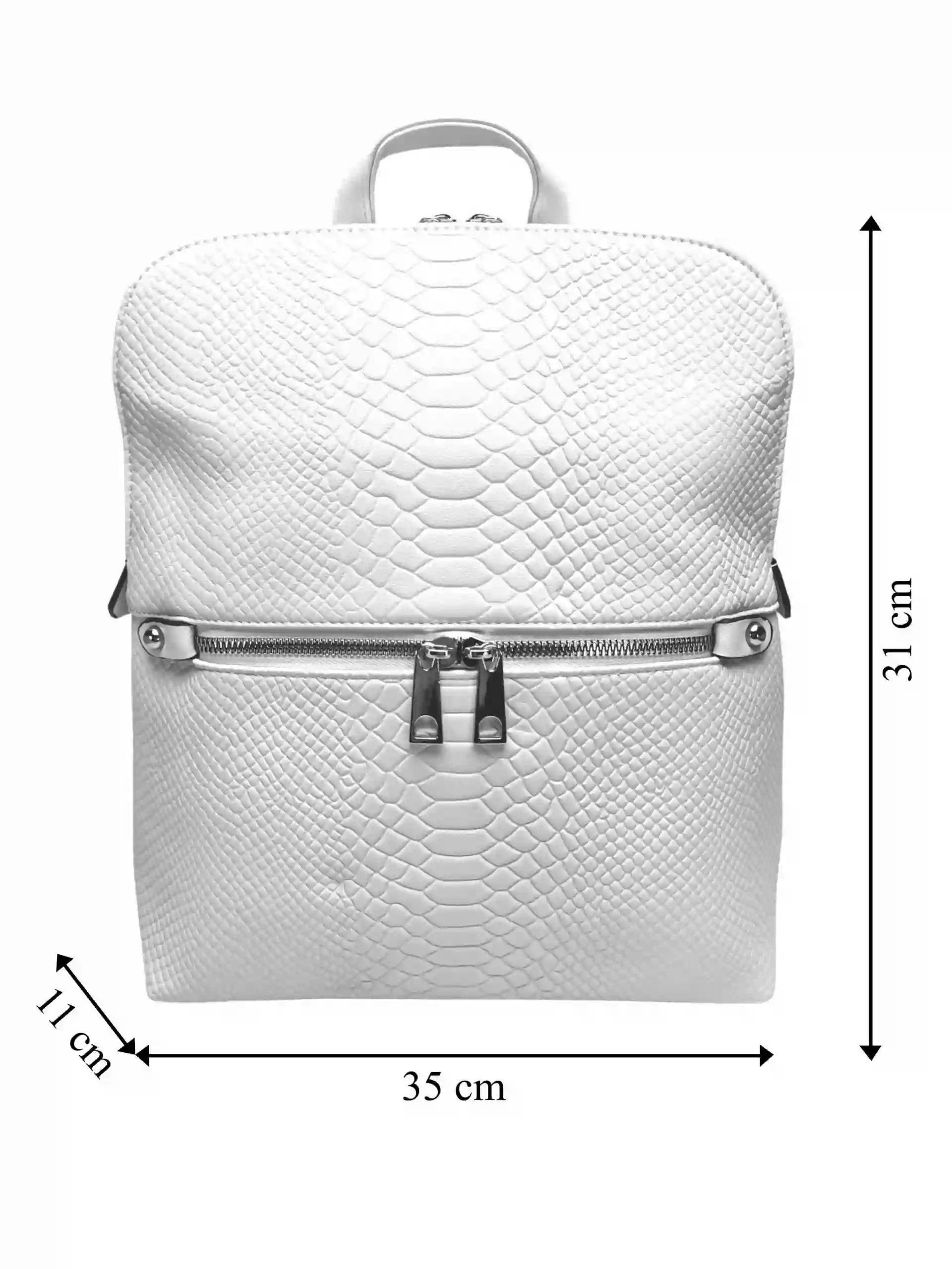 Perleťově bílý dámský batoh s hadí texturou, Tapple, H20820, přední strana batohu s rozměry
