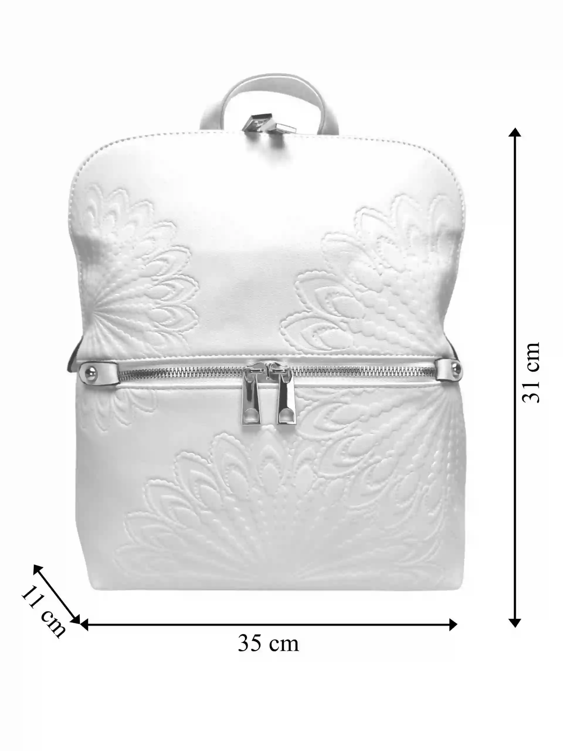 Perleťově bílý dámský batoh s ornamenty, Tapple, H20820-12, přední strana batohu s rozměry