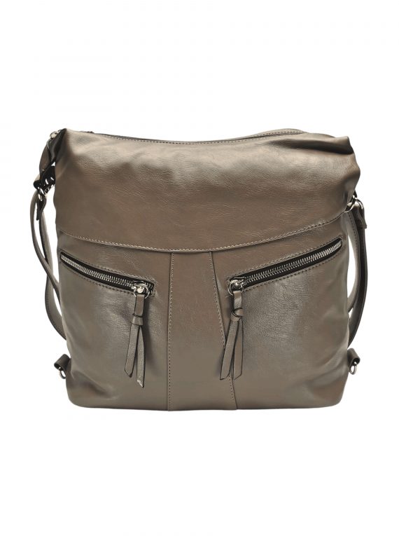 Velký dámský kabelko-batoh 2v1 s šikmými kapsami, Tapple, H18076O, šedohnědý, přední strana kabelko-batohu