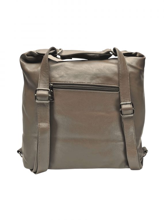 Velký dámský kabelko-batoh 2v1 s šikmými kapsami, Tapple, H18076O, šedohnědý, zadní strana kabelko-batohu s popruhy