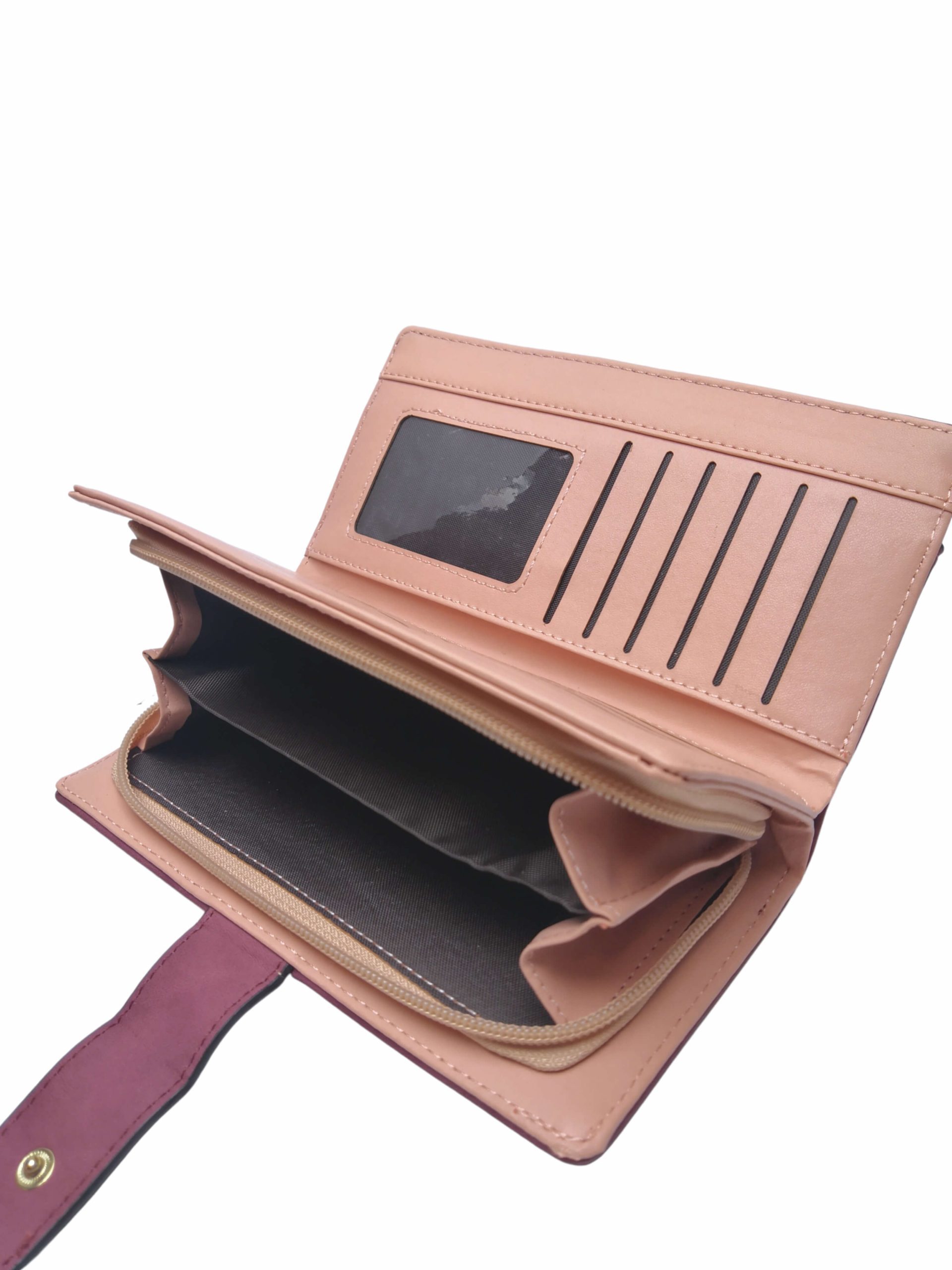 Vínová dámská peněženka z broušené eko kůže, New Berry, DX-11, vnitřní uspořádání peněženky s rozepnutou kapsou