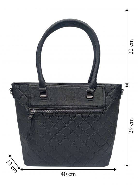 Elegantní kabelka s kosočtvercovým vzorem, Tapple, H190014, černá, přední strana kabelky do ruky s rozměry