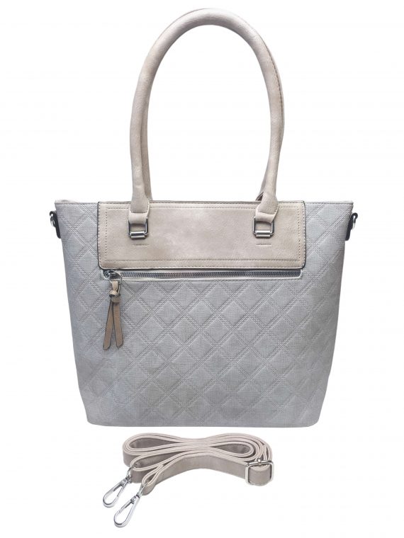 Elegantní kabelka s kosočtvercovým vzorem, Tapple, H190014, světle šedá, přední strana kabelky do ruky s popruhem