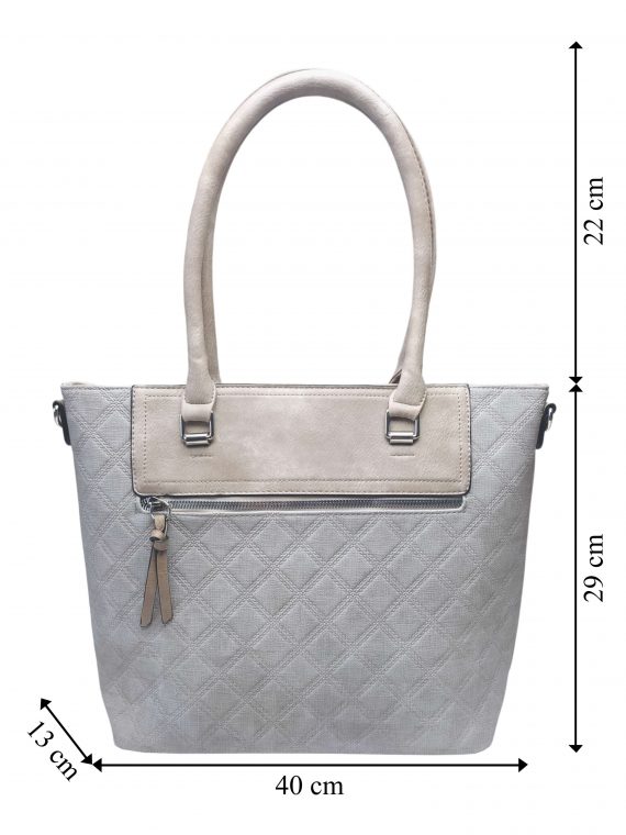 Elegantní kabelka s kosočtvercovým vzorem, Tapple, H190014, světle šedá, přední strana kabelky do ruky s rozměry