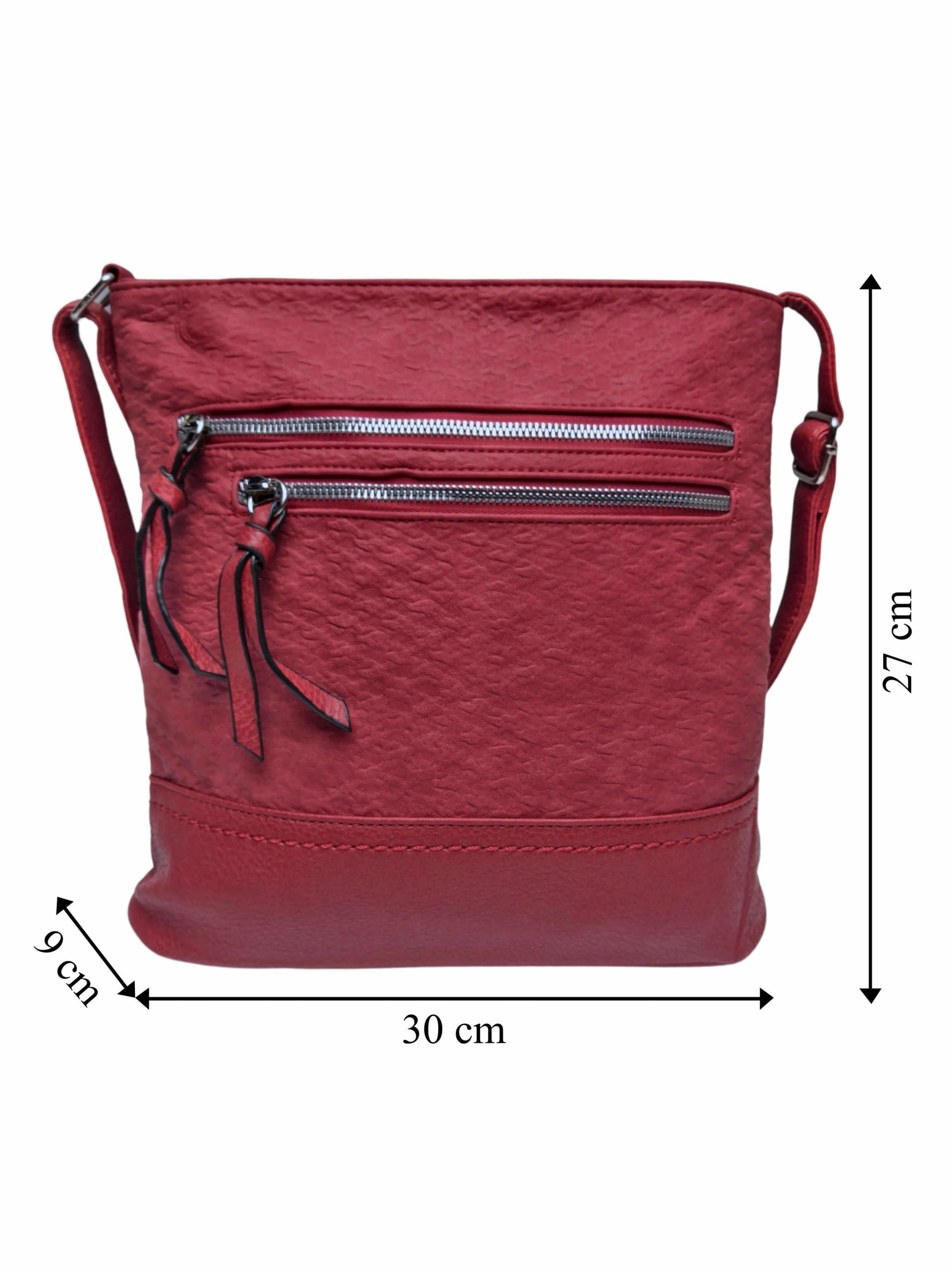 Červená crossbody kabelka s moderní texturou, Tapple, H20434, přední strana crossbody kabelky s rozměry