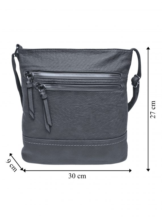 Slušivá crossbody kabelka s moderní texturou, Tapple, H20434, tmavě šedá, přední strana crossbody kabelky s rozměry