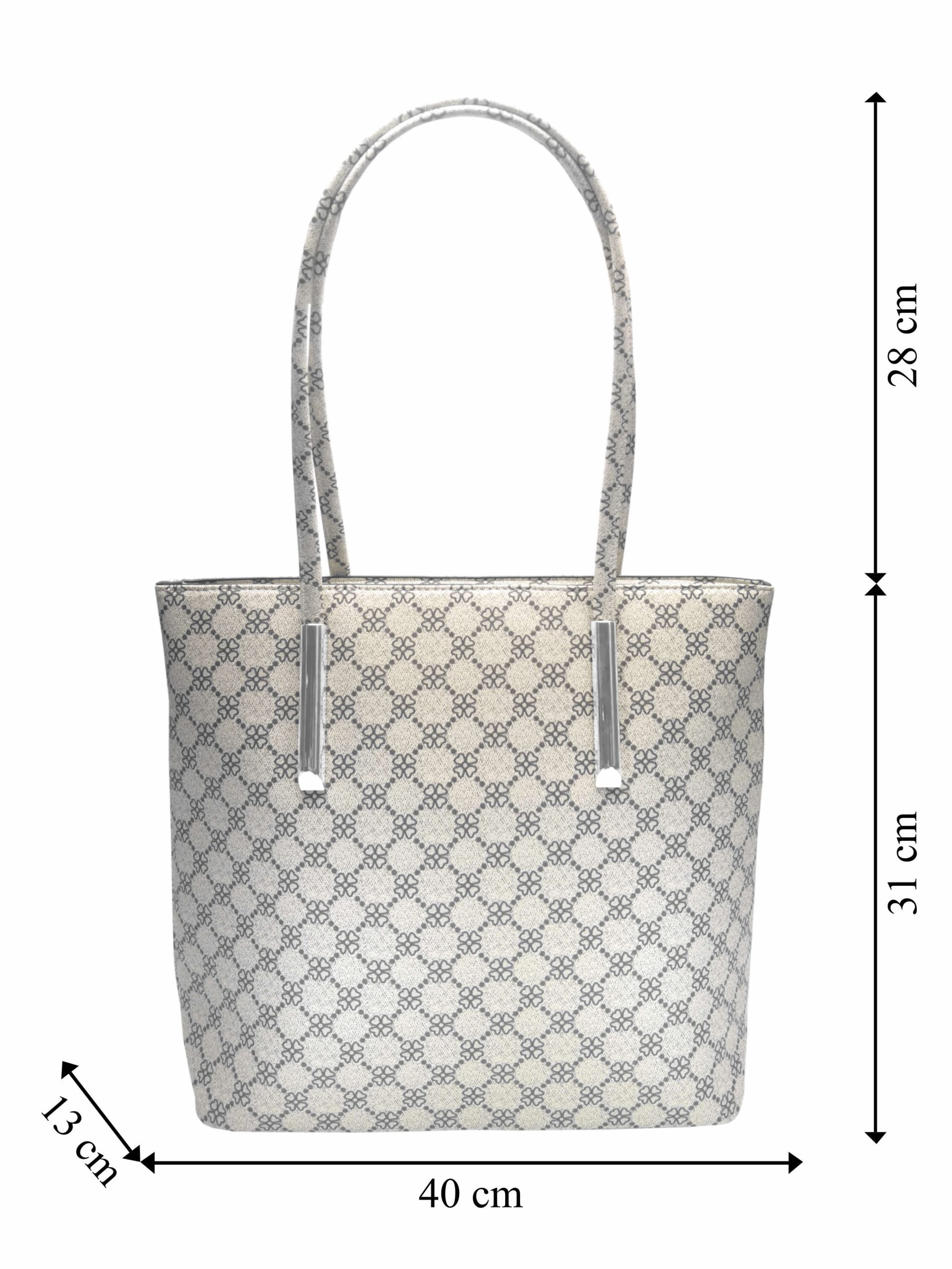 Slušivá bílá dámská kabelka s ornamenty, Tapple, H181188, přední strana kabelky přes rameno s rozměry