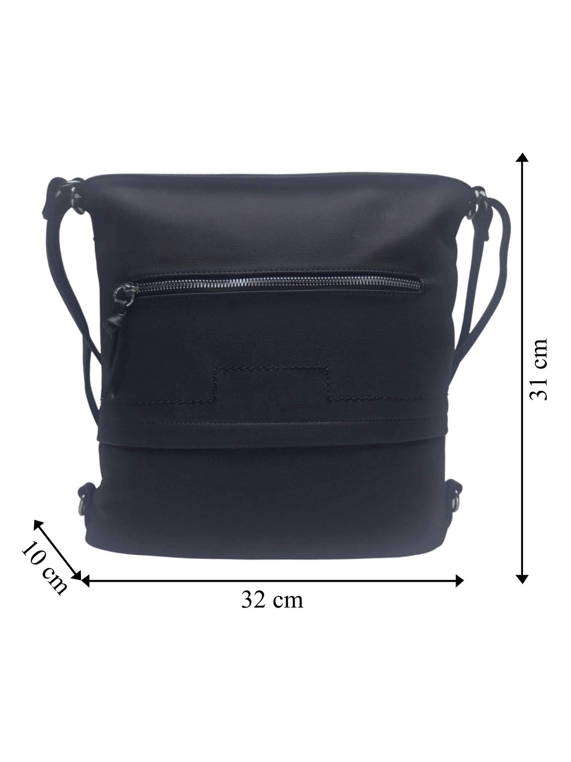 Střední černý kabelko-batoh 2v1 s praktickou kapsou, Tapple, H190062, přední strana kabelko-batohu s rozměry