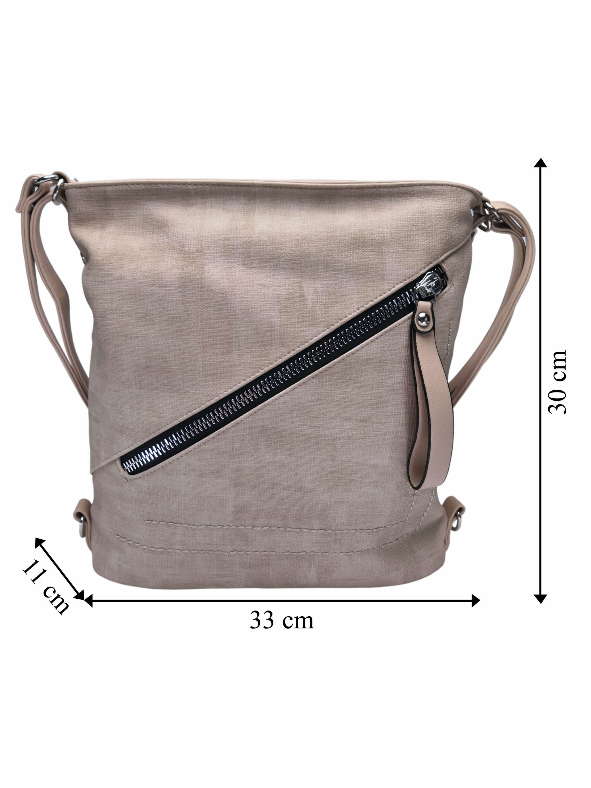 Střední béžový kabelko-batoh 2v1 se slušivým šikmým zipem, Tapple, H190061, přední strana kabelko-batohu s rozměry