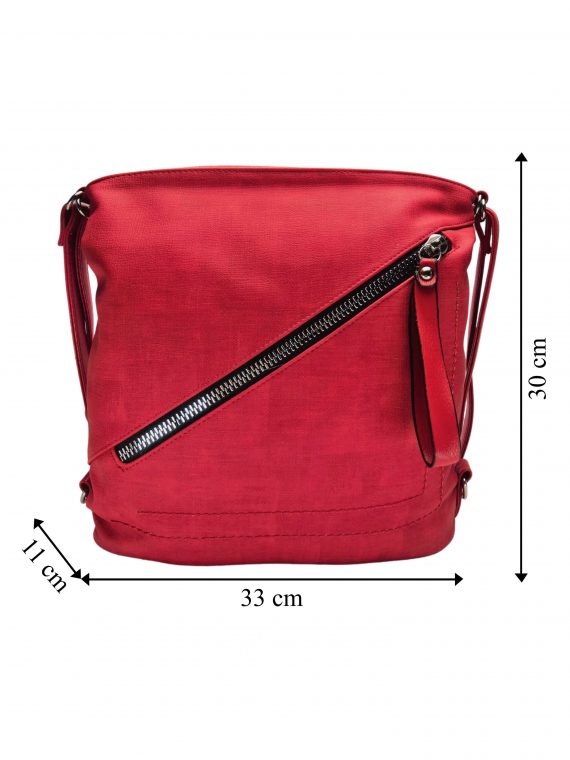 Střední kabelko-batoh 2v1 se slušivým šikmým zipem, Tapple, H190061, červený, přední strana kabelko-batohu s rozměry