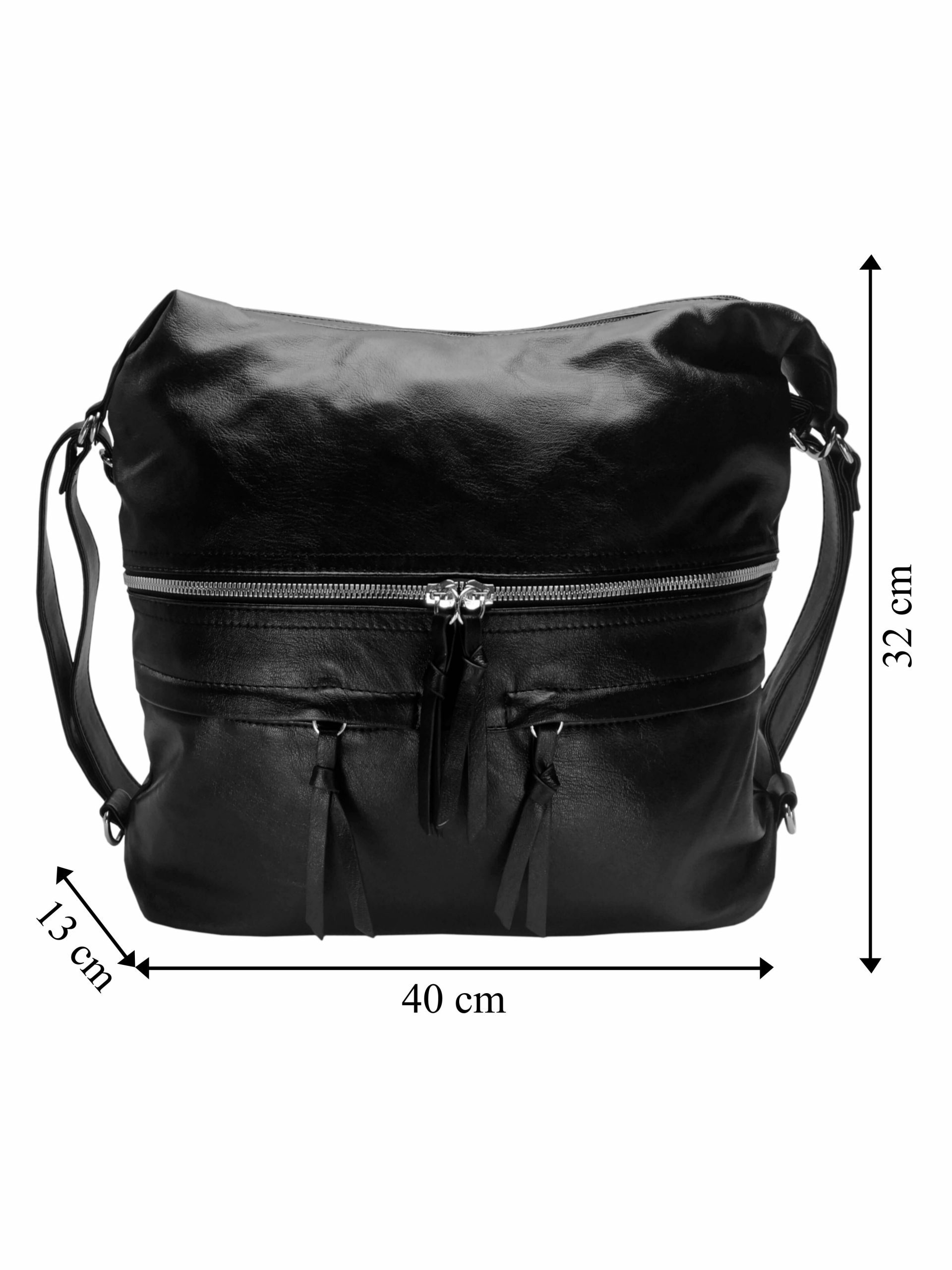 Stylový černý kabelko-batoh z eko kůže, Tapple, H181175, přední strana kabelko batohu 2v1 s rozměry
