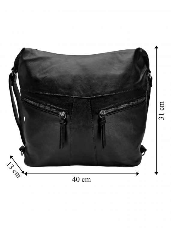 Velký dámský kabelko-batoh 2v1 s šikmými kapsami, Tapple, H18076O, černý, přední strana kabelko-batohu s rozměry