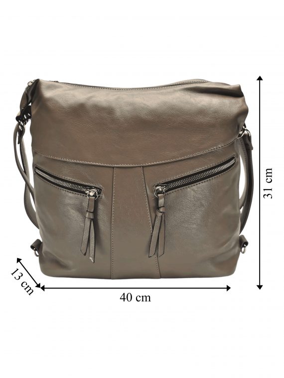 Velký dámský kabelko-batoh 2v1 s šikmými kapsami, Tapple, H18076O, šedohnědý, přední strana kabelko-batohu s rozměry