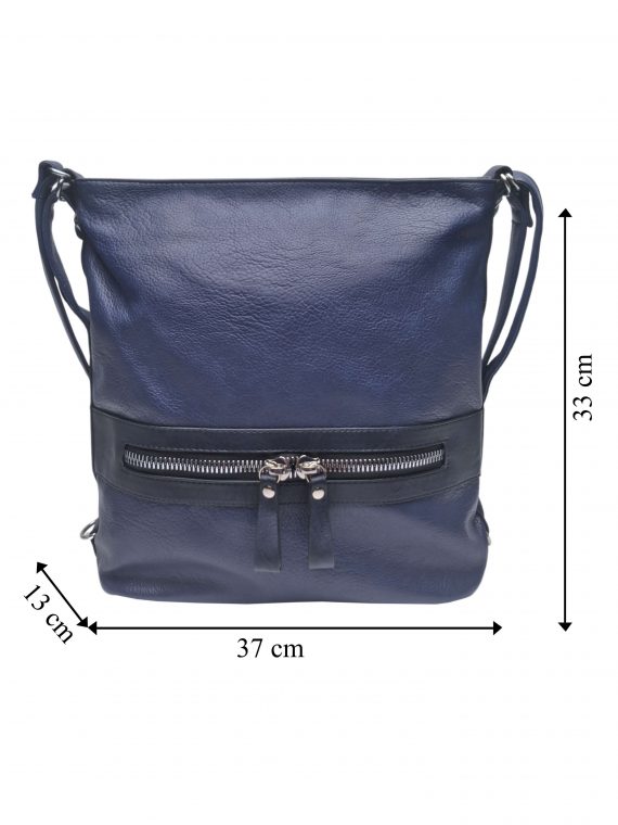 Velký dámský kabelko-batoh 2v1 z eko kůže, Tapple, H20805, středně modrý, přední strana kabelko-batohu 2v1 s rozměry