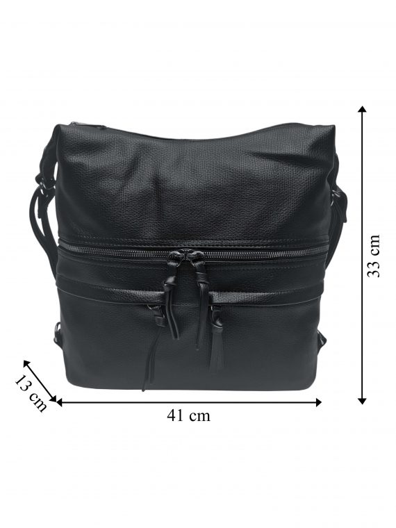 Velký dámský kabelko-batoh s praktickými kapsami, Tapple, H181175N2, černý, přední strana kabelko-batohu s rozměry