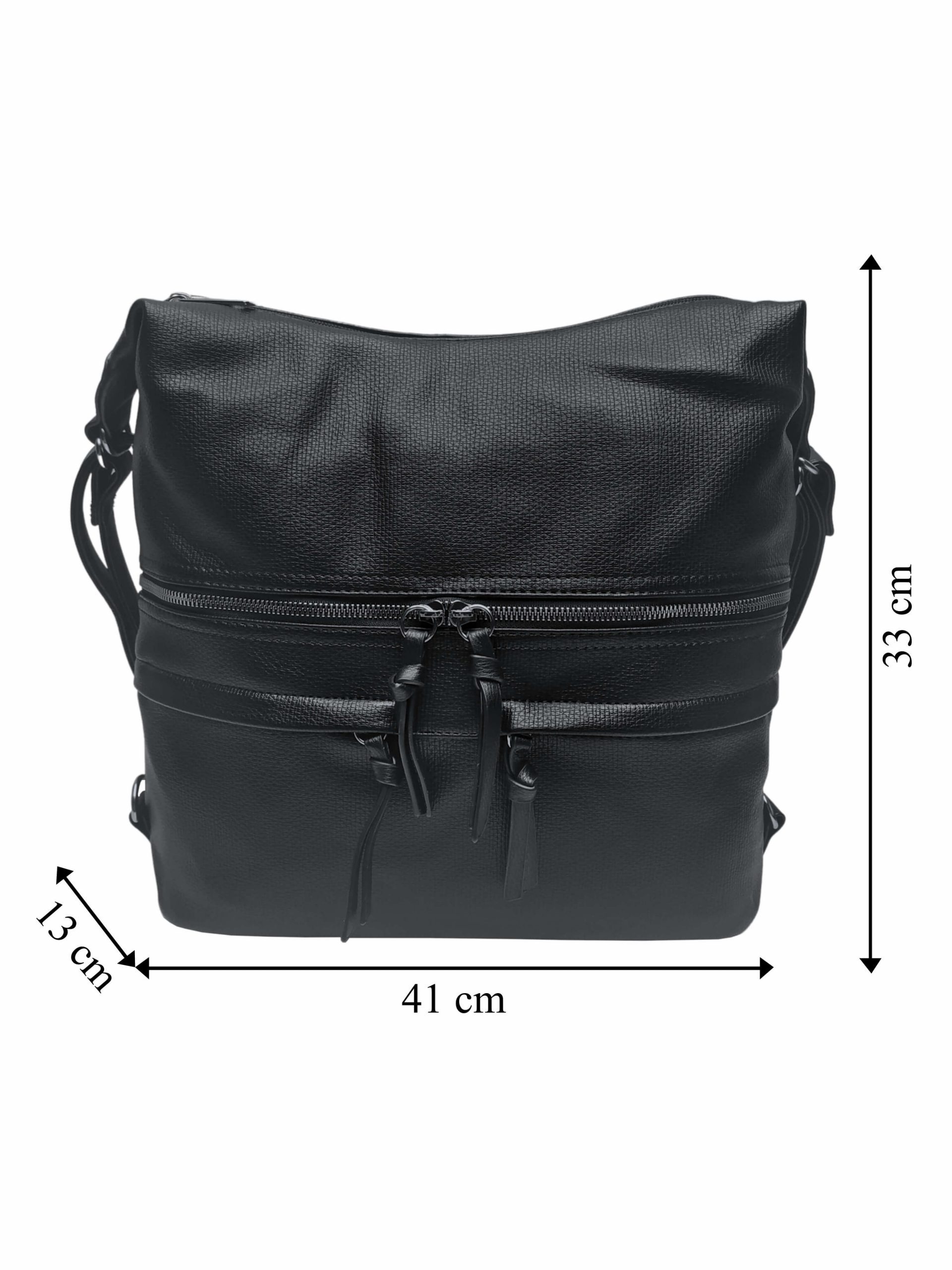 Velký černý kabelko-batoh s kapsami, Tapple, H181175N2, přední strana kabelko-batohu s rozměry