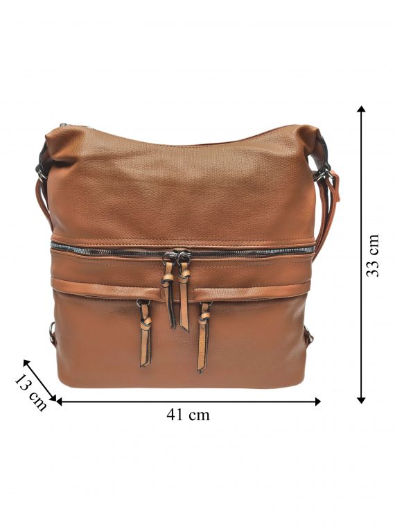 Velký dámský kabelko-batoh s praktickými kapsami, Tapple, H181175N2, středně hnědý, přední strana kabelko-batohu s rozměry