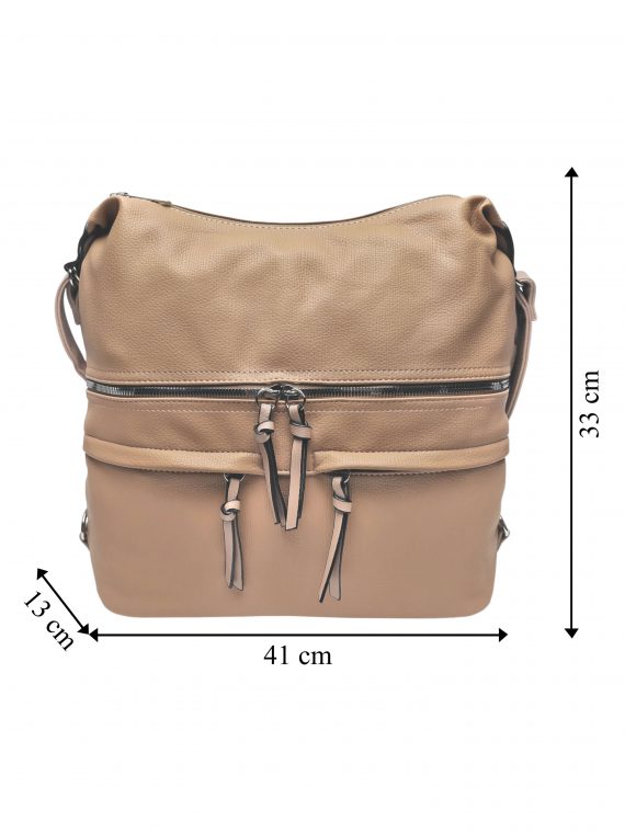 Velký dámský kabelko-batoh s praktickými kapsami, Tapple, H181175N2, světle hnědý, přední strana kabelko-batohu s rozměry