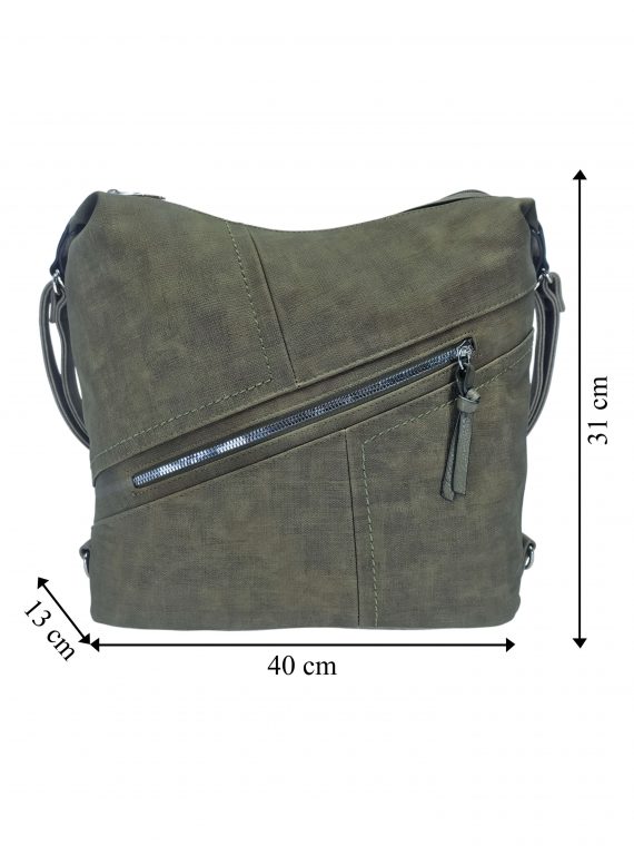 Velký dámský kabelko-batoh s šikmou kapsou, Tapple, H18077N, khaki, přední strana kabelko-batohu s rozměry
