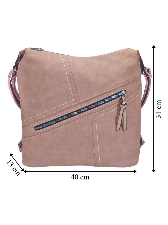 Velký dámský kabelko-batoh s šikmou kapsou, Tapple, H18077N, starorůžový, přední strana kabelko-batohu s rozměry