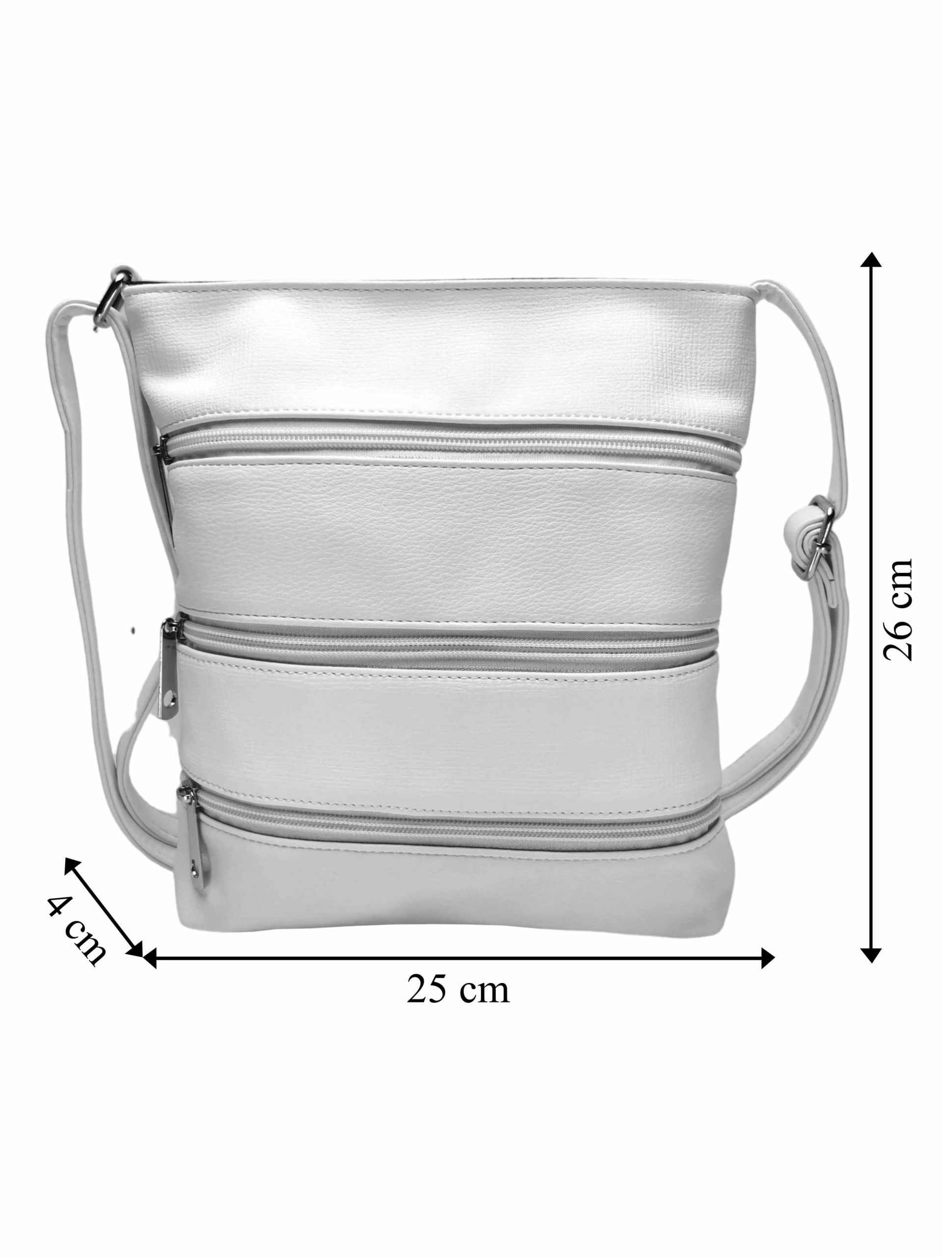 Bílá crossbody kabelka se stylovými zipy, Tapple H17286N, přední strana crossbody kabelky s rozměry