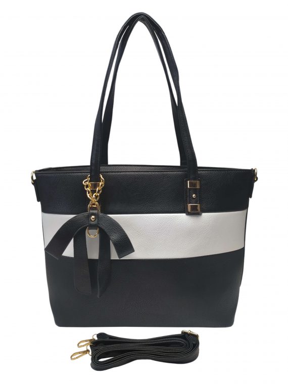 Elegantní dámská kabelka se slušivou ozdobou, Alexia, Z998-9, černo-bílá, přední strana kabelky do ruky s popruhem