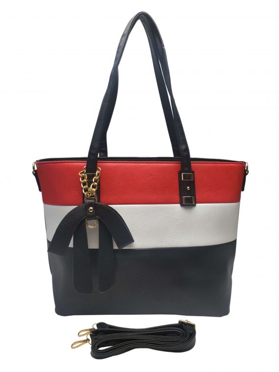 Elegantní dámská kabelka se slušivou ozdobou, Alexia, Z998-9, černo-bílo-červená, přední strana kabelky do ruky s popruhem