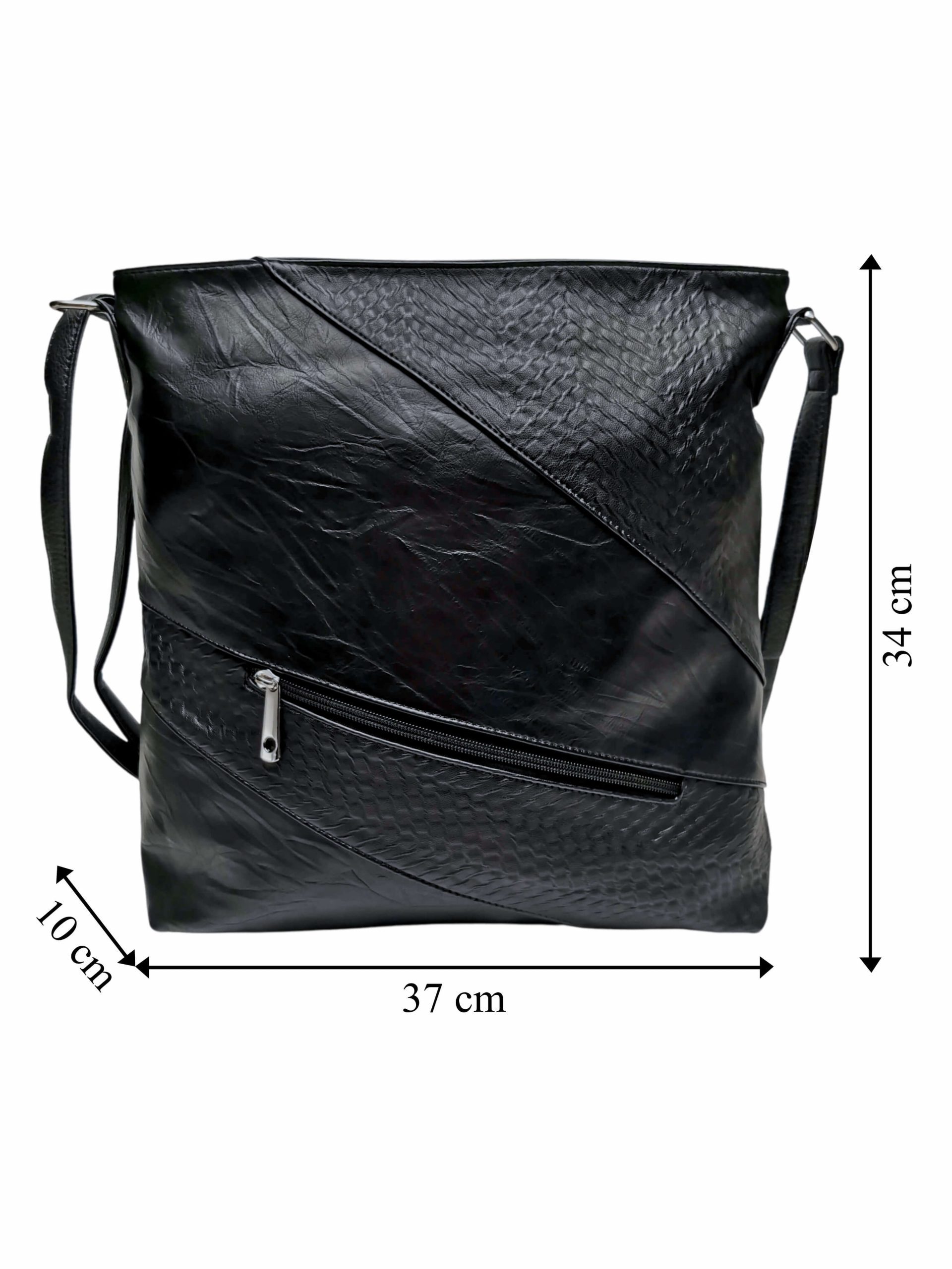 Velká černá crossbody kabelka se slušivou texturou, Tapple, H17225, přední strana crossbody kabelky s rozměry
