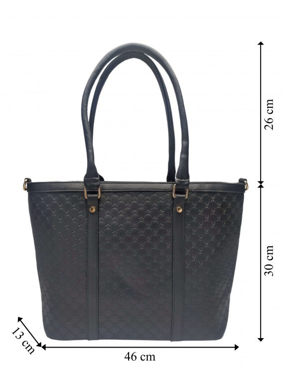 Velká dámská kabelka se stylovým vzorem, Sara Moda, 6124, černá, přední strana kabelky do ruky s rozměry