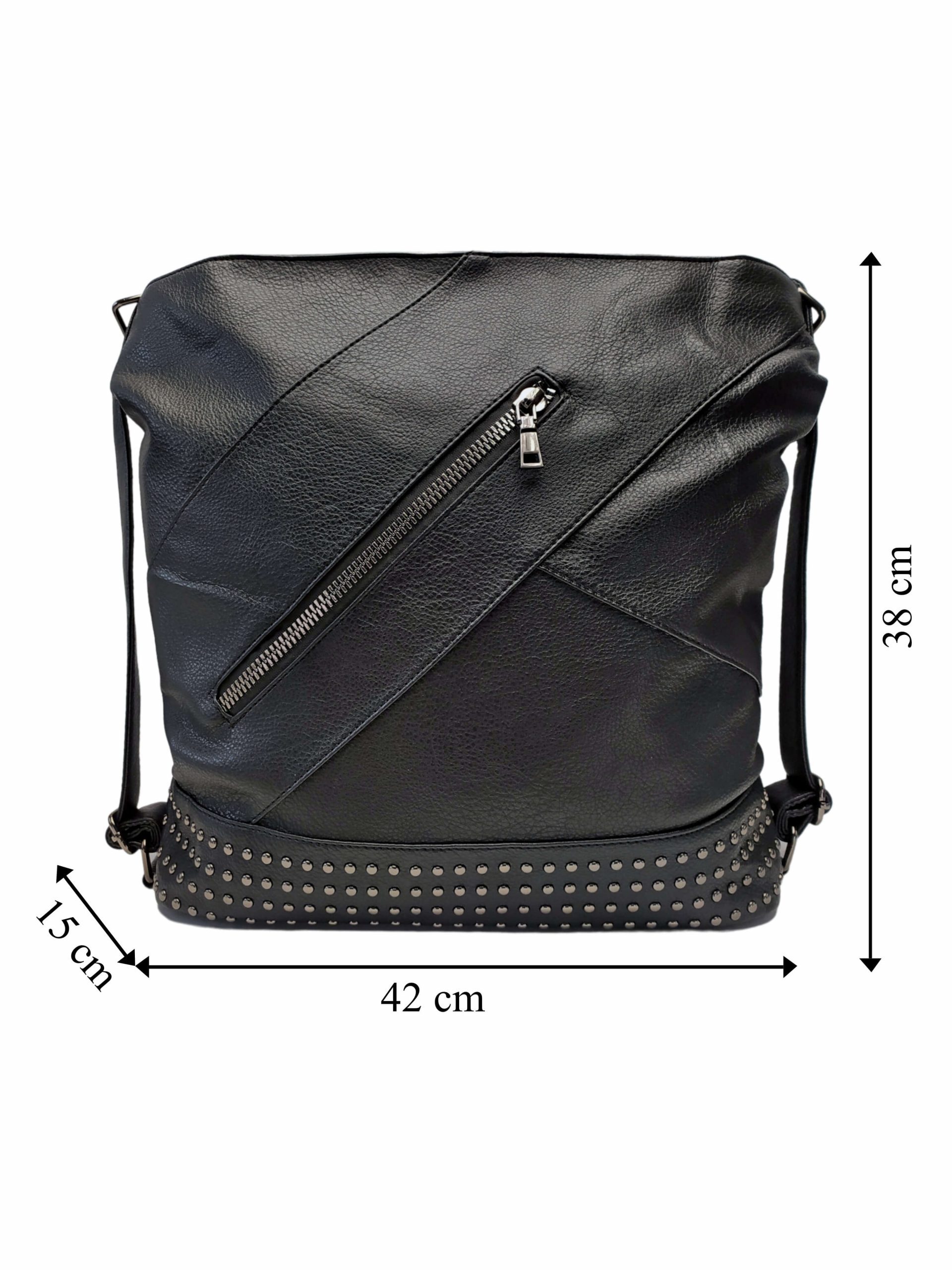 Velký černý kabelko-batoh 2v1 s šikmými vzory, Co & Coo Fashion, 0956, přední strana kabelko-batohu 2v1 s rozměry