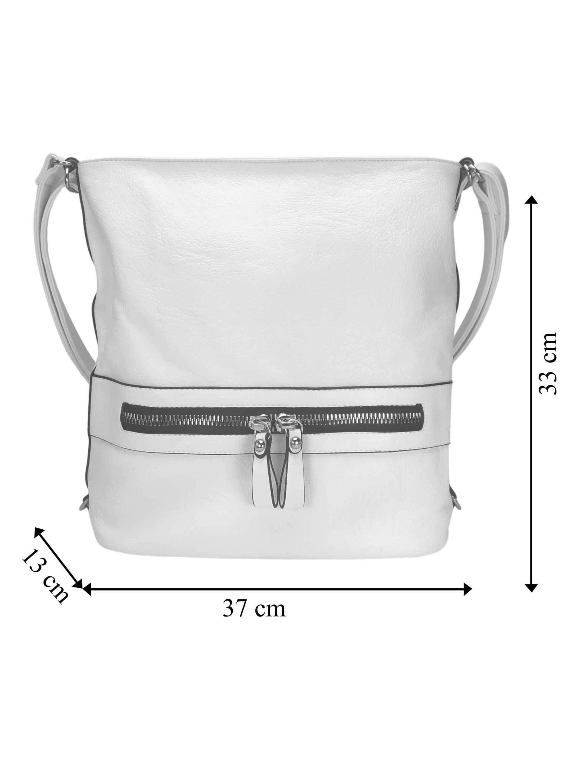 Velký bílý kabelko-batoh 2v1 z eko kůže, Tapple, H20805, přední strana kabelko-batohu 2v1 s rozměry