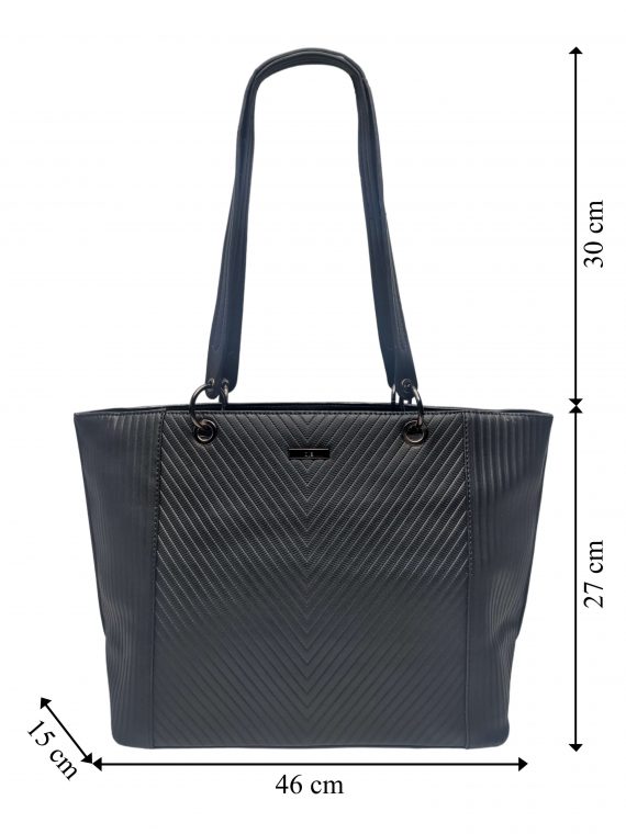 Velká dámská kabelka s pruhovými vzory, Ola, G-9212, černá, přední strana kabelky přes rameno s rozměry