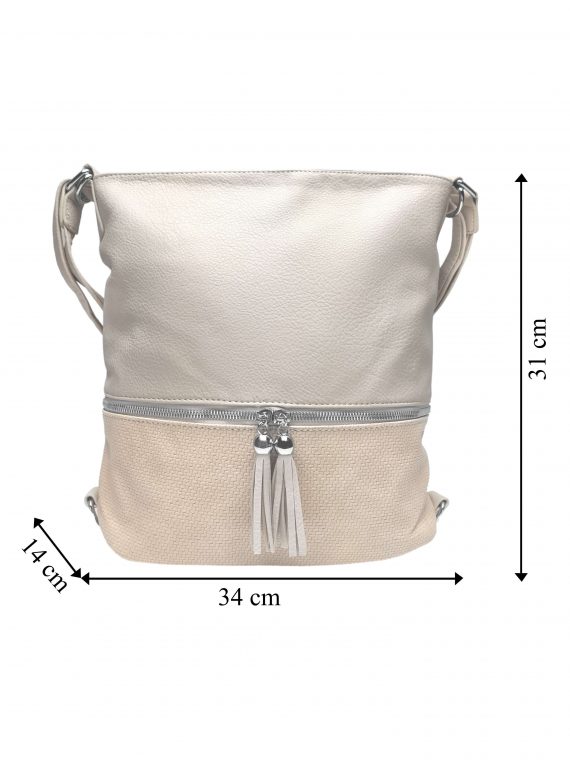 Střední kabelko-batoh 2v1 se slušivými třásněmi, Bella Belly, 5394, béžový, přední strana kabelko-batohu s rozměry