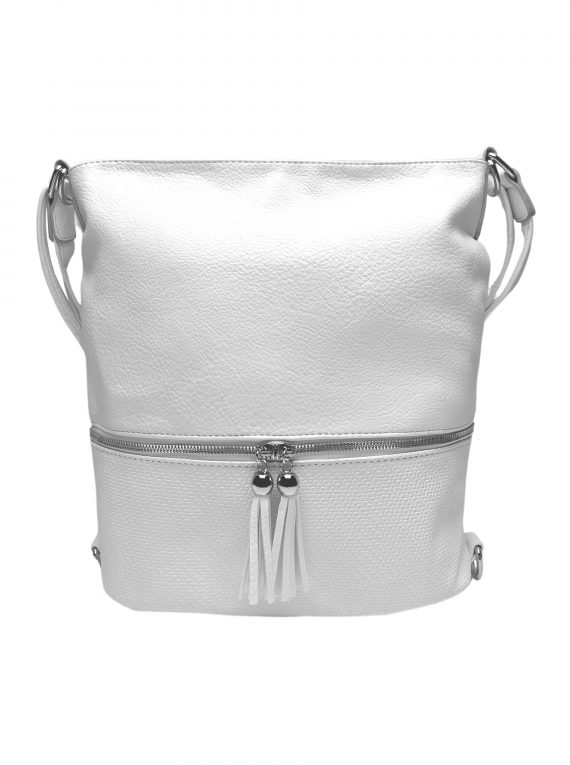 Střední kabelko-batoh 2v1 se slušivými třásněmi, Bella Belly, 5394, bílý, přední strana kabelko-batohu