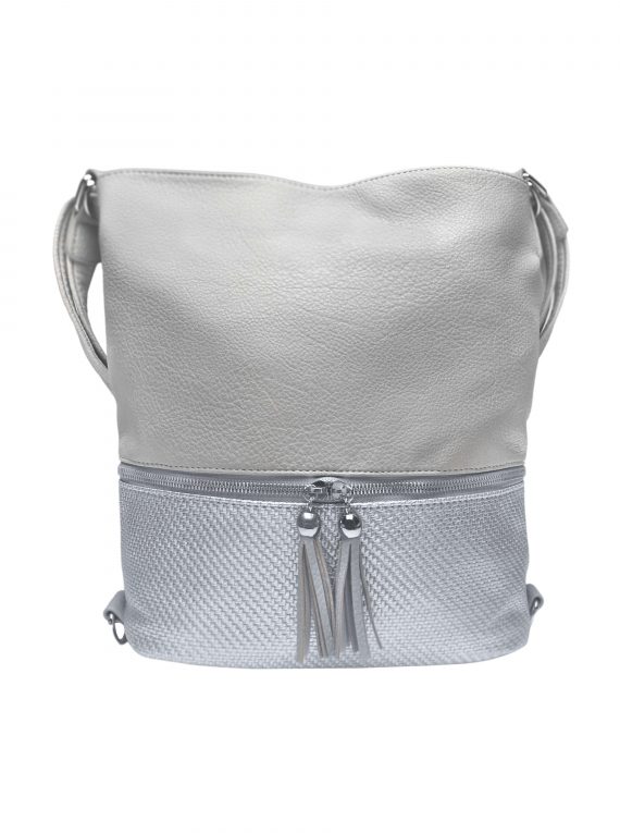 Střední kabelko-batoh 2v1 se slušivými třásněmi, Bella Belly, 5394, světle šedý, přední strana kabelko-batohu