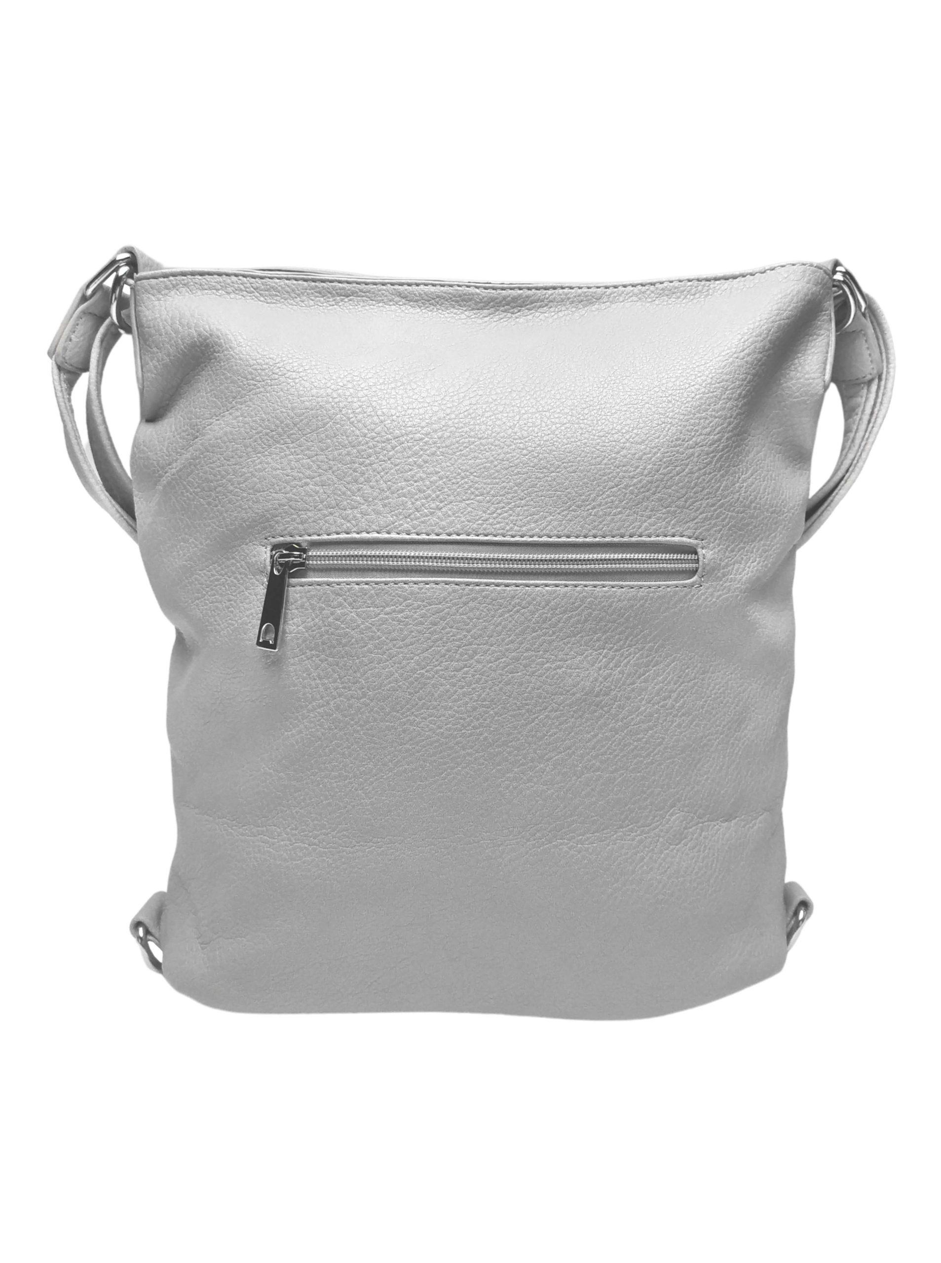 Střední světle šedý kabelko-batoh 2v1 s třásněmi, Bella Belly, 5394, zadní strana kabelko-batohu 2v1