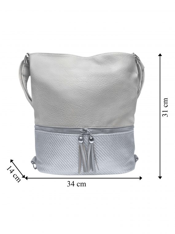 Střední kabelko-batoh 2v1 se slušivými třásněmi, Bella Belly, 5394, světle šedý, přední strana kabelko-batohu s rozměry
