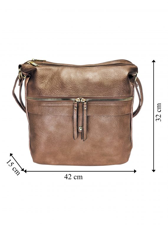 Velký kabelko-batoh 2v1 s praktickou kapsou, Int. Company, H23, bronzový, přední strana kabelko-batohu s rozměry