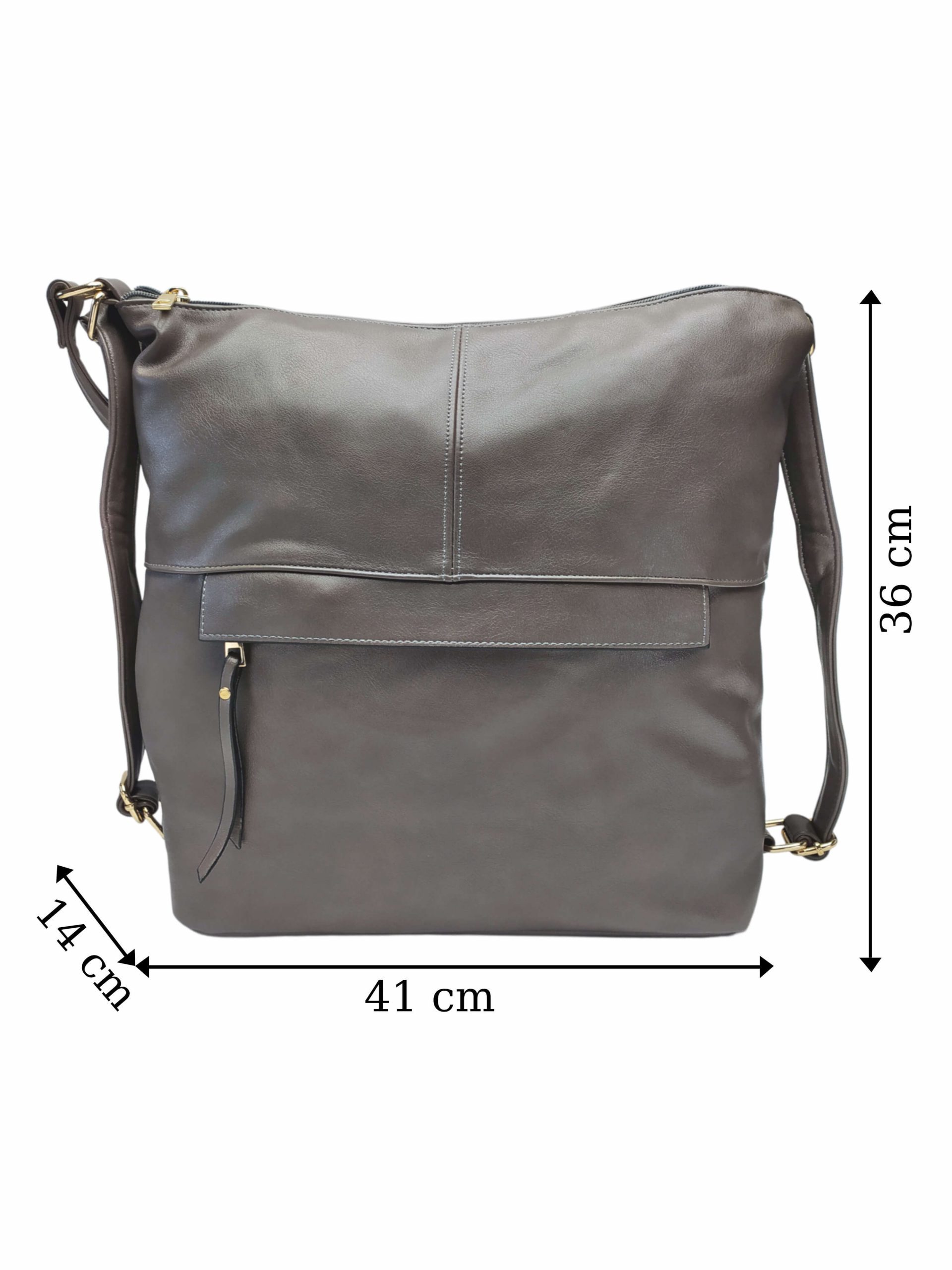 Prostorný šedohnědý kabelko-batoh 2v1 s přední kapsou, Caely, Q3071, přední strana kabelko-batohu 2v1 s rozměry