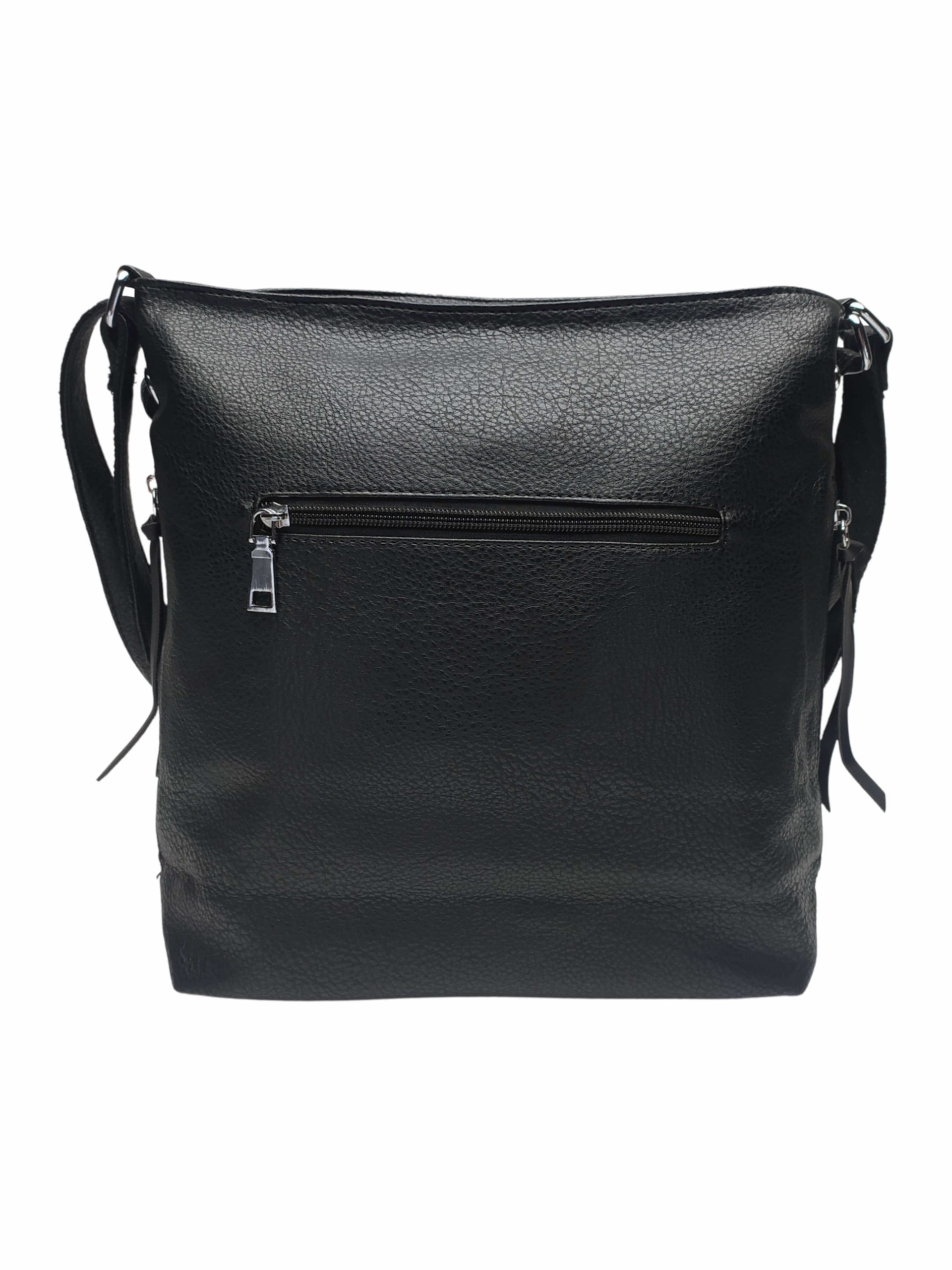 Střední černý kabelko-batoh 2v1 s praktickými bočními kapsami, Miss Moda, 980882, zadní strana kabelko-batohu 2v1