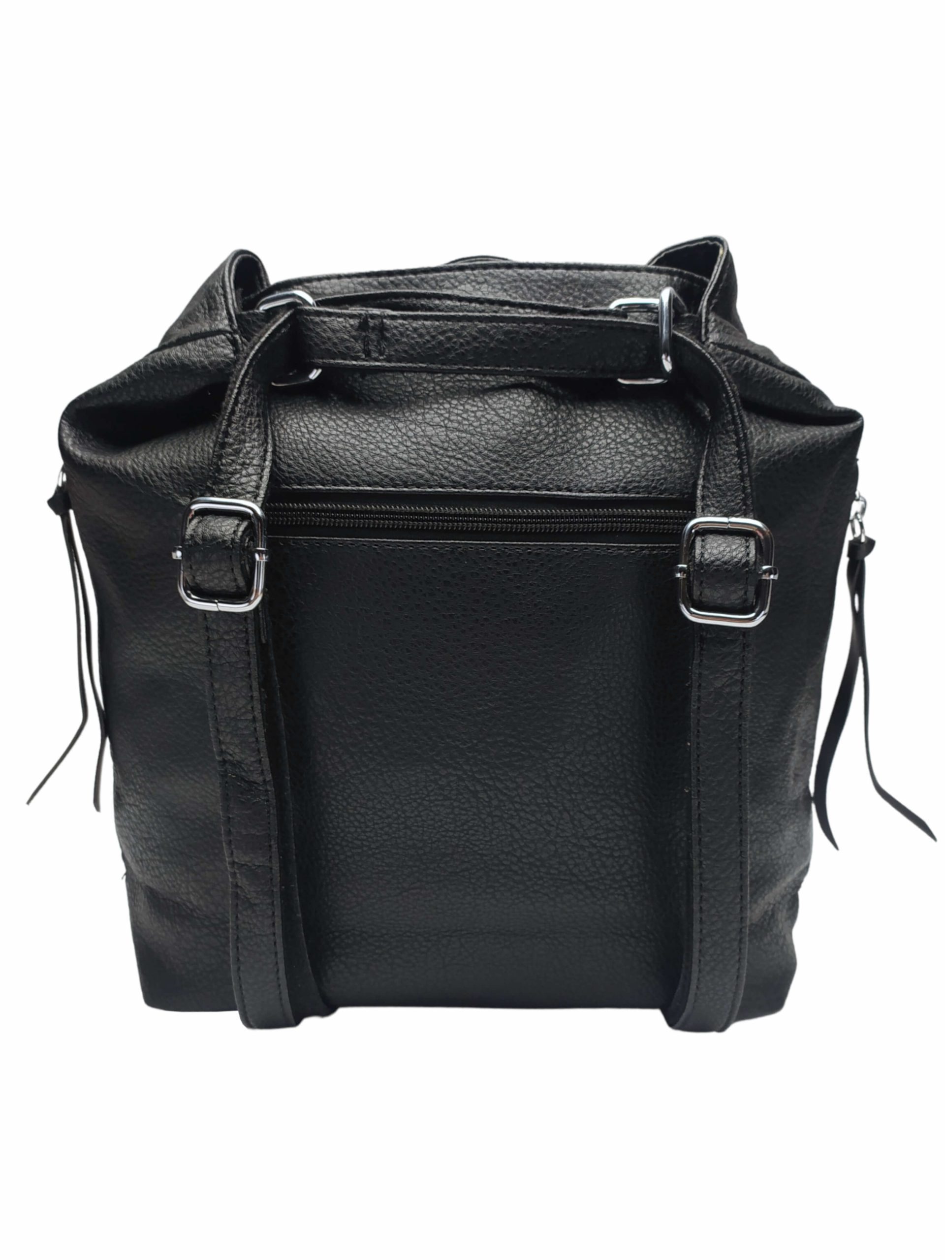 Střední černý kabelko-batoh 2v1 s praktickými bočními kapsami, Miss Moda, 980882, zadní strana kabelko-batohu 2v1 s popruhy